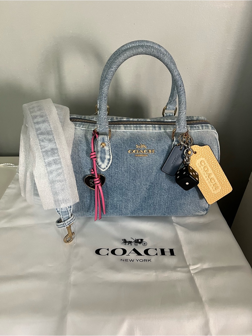 Coach Rowan Satchel Bag In Loved Denim With Charms - Picture 2 of 6